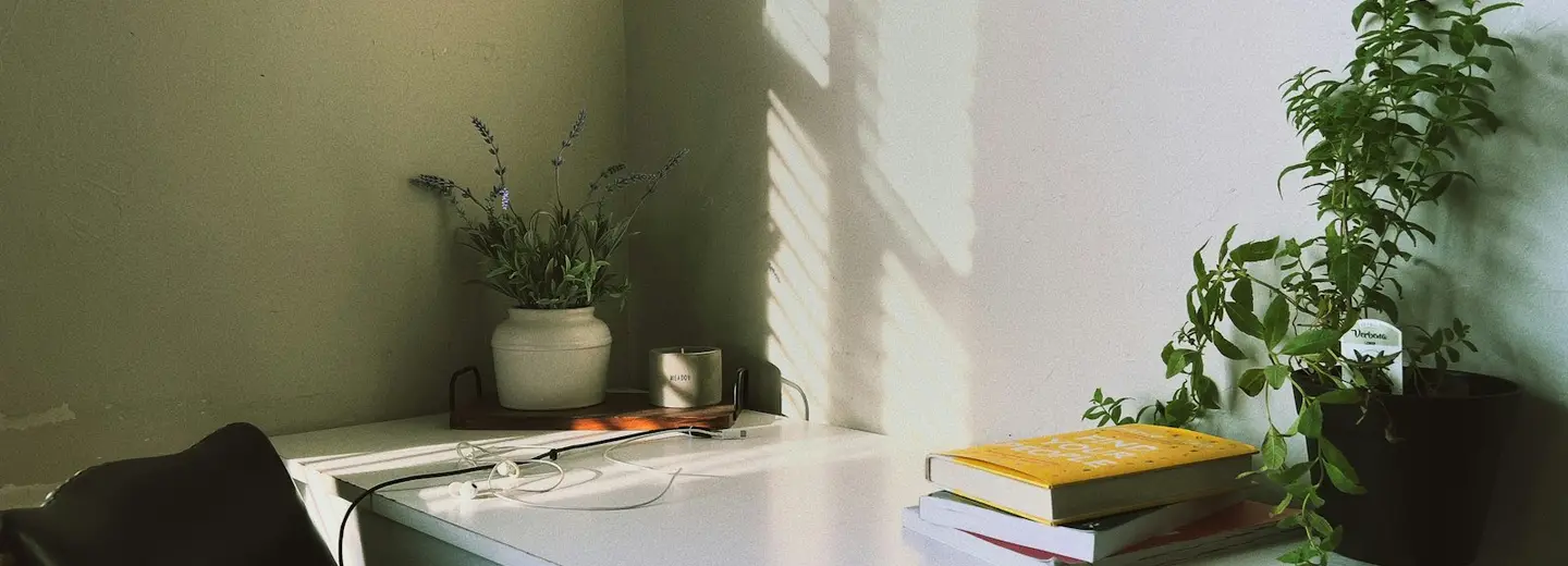 Sunlit home desk with plants and a stack of books