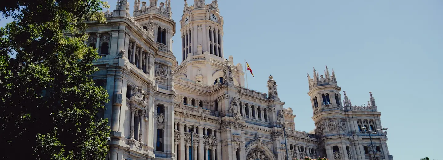 Madrid's Cibeles fountain and the surrounding traffic circle from above