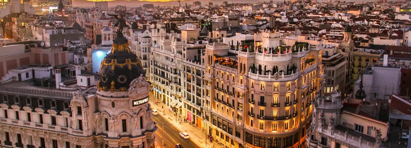 Madrid's Gran Via seen from above at sunset
