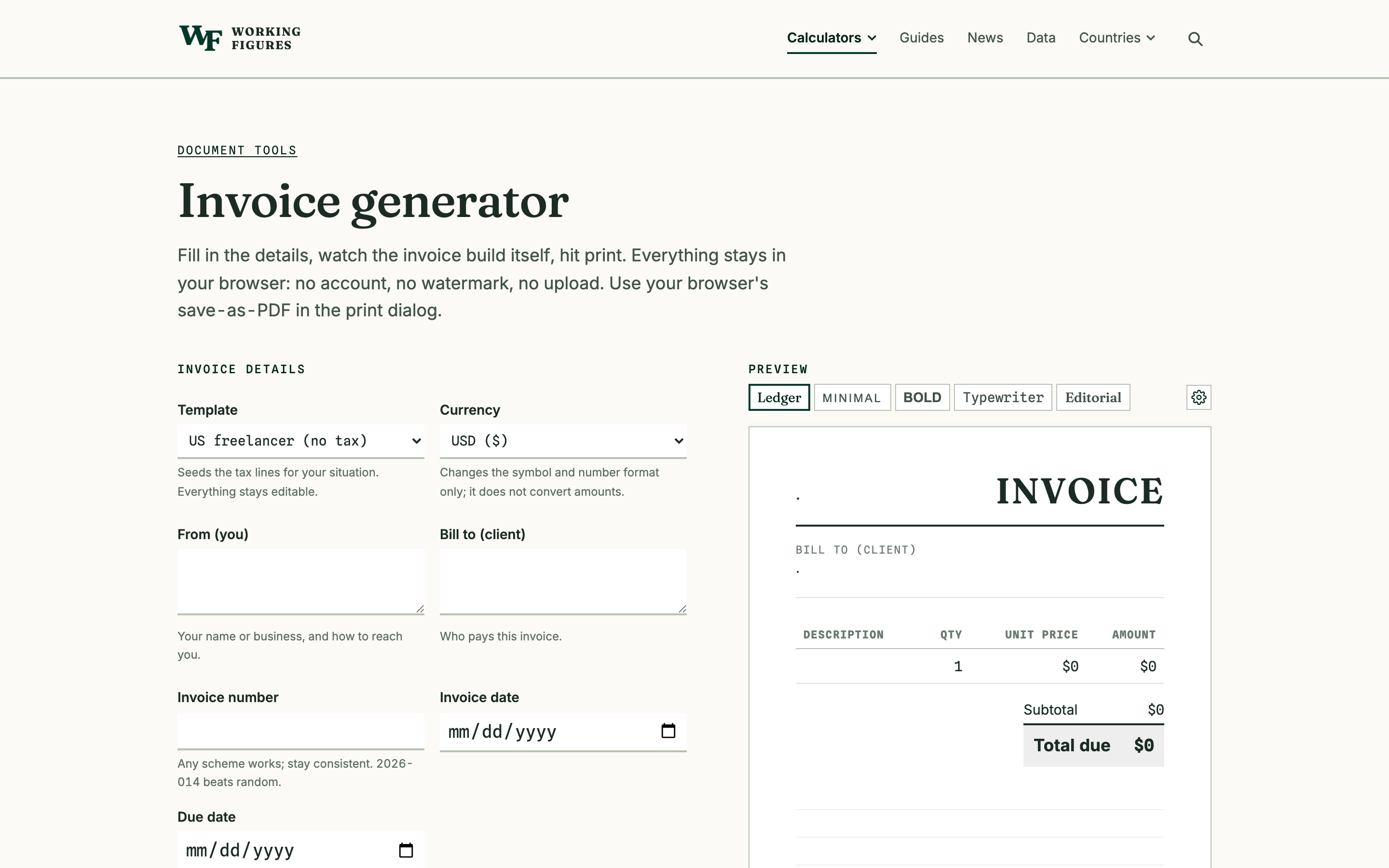 Invoice generator with live A4 preview